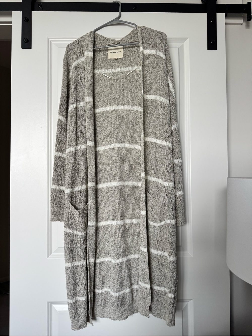 Thread & Supply Long Open-Front Striped Cardigan - Taupe & White